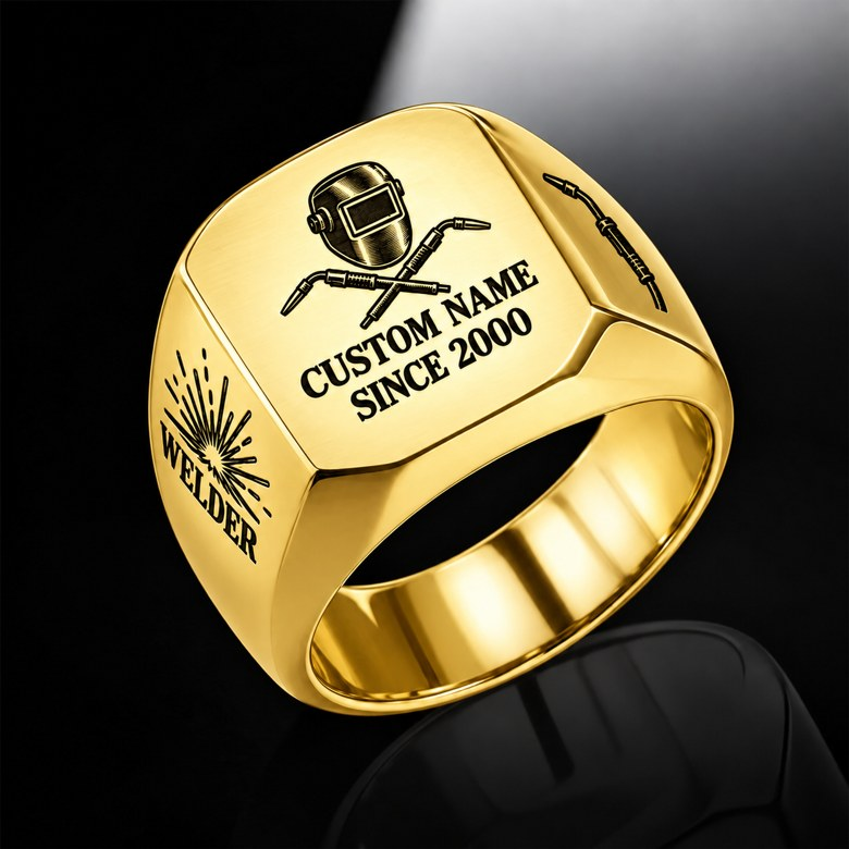 Welder Signature Crest ring in Gold, showing CUSTOM NAME and SINCE 2000