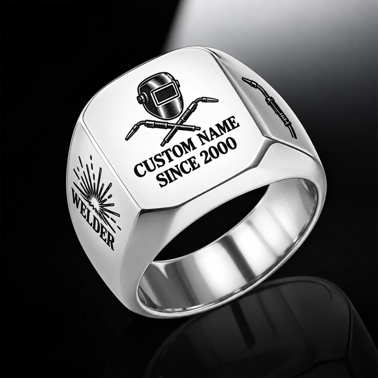 Welder Signature Crest ring in Silver, showing CUSTOM NAME and SINCE 2000