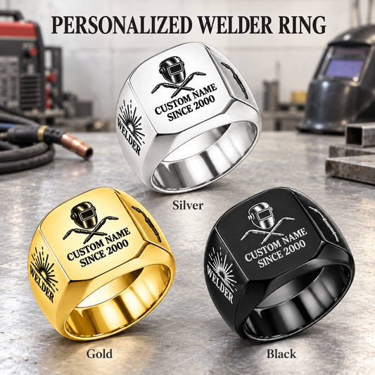 Welder Signature Crest personalized ring advertisement showing Silver, Gold and Black rings with CUSTOM NAME and SINCE 2000 on a welder-themed background