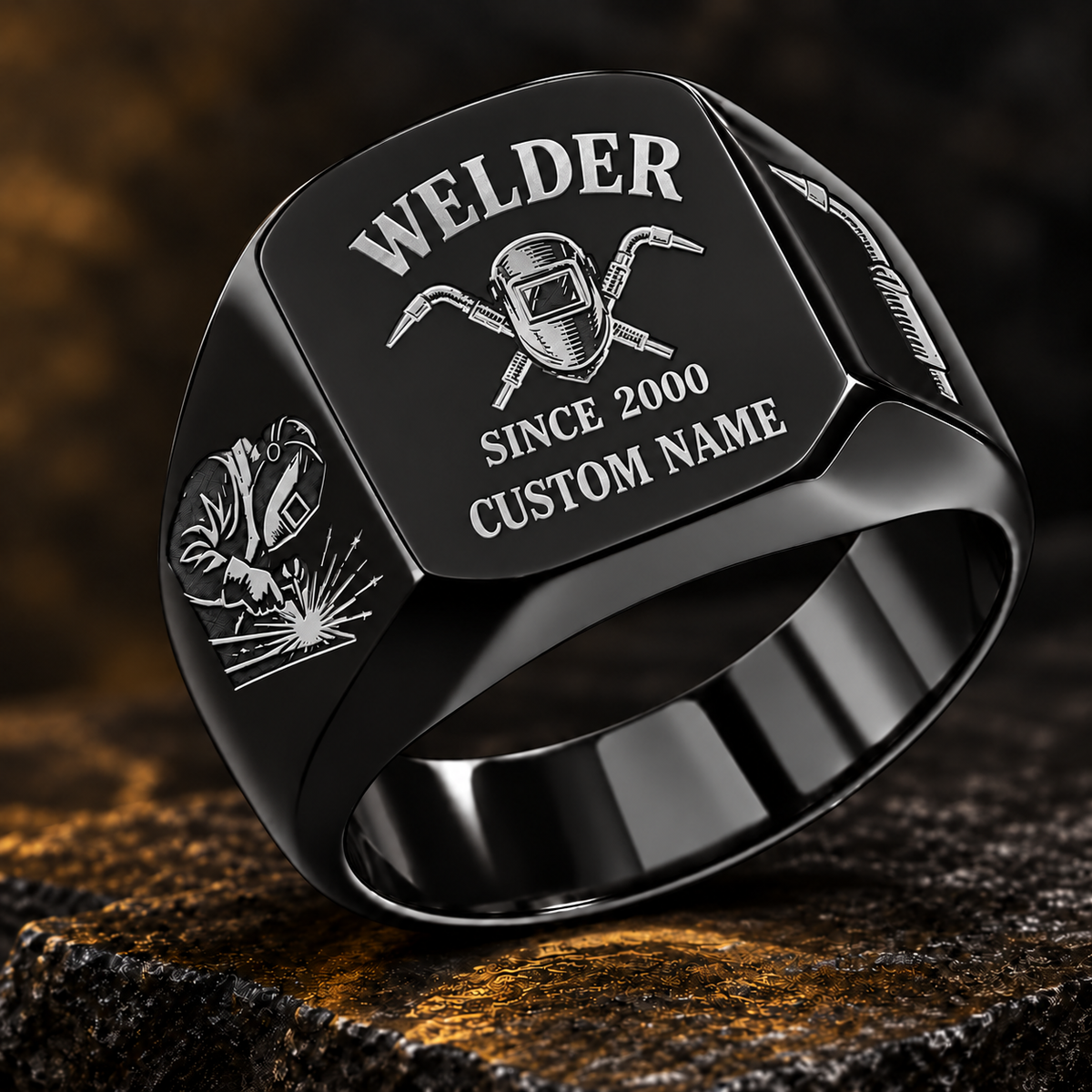 Welder Heritage Emblem ring in Black, showing CUSTOM NAME and SINCE 2000