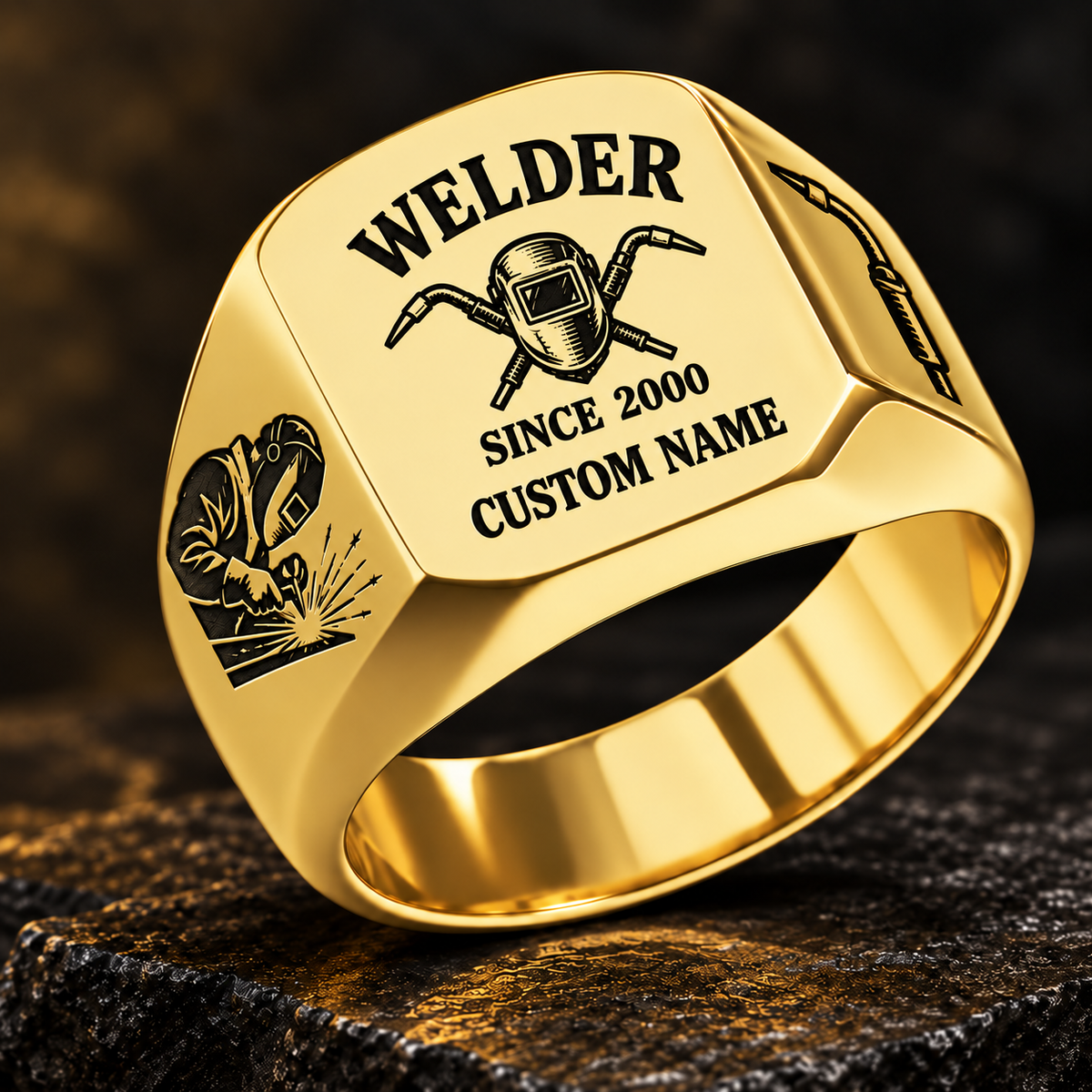 Welder Heritage Emblem ring in Gold, showing CUSTOM NAME and SINCE 2000