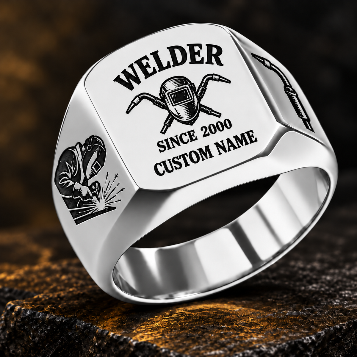 Welder Heritage Emblem ring in Silver, showing CUSTOM NAME and SINCE 2000