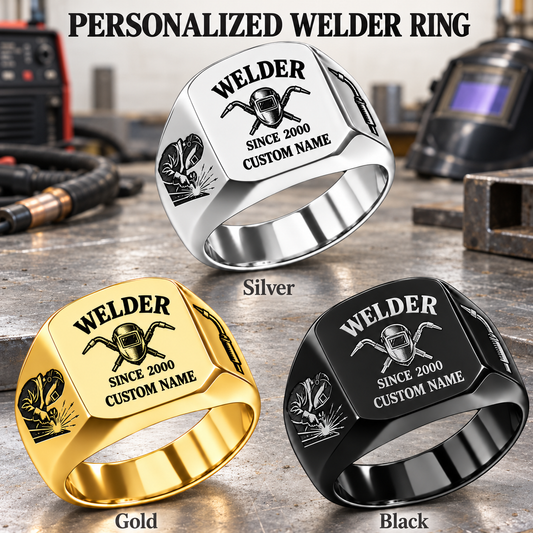 Welder Heritage Emblem personalized ring advertisement showing Silver, Gold and Black rings with CUSTOM NAME and SINCE 2000 on a welder-themed background