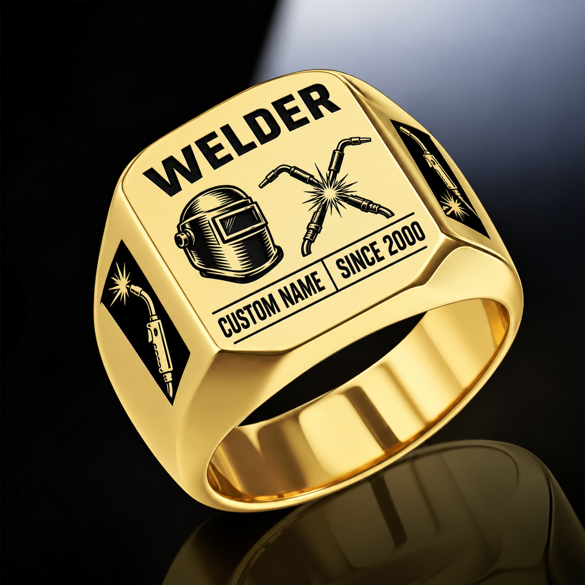 Welder Twin Icons ring in Gold, showing CUSTOM NAME and SINCE 2000
