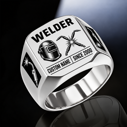 Welder Twin Icons ring in Silver, showing CUSTOM NAME and SINCE 2000