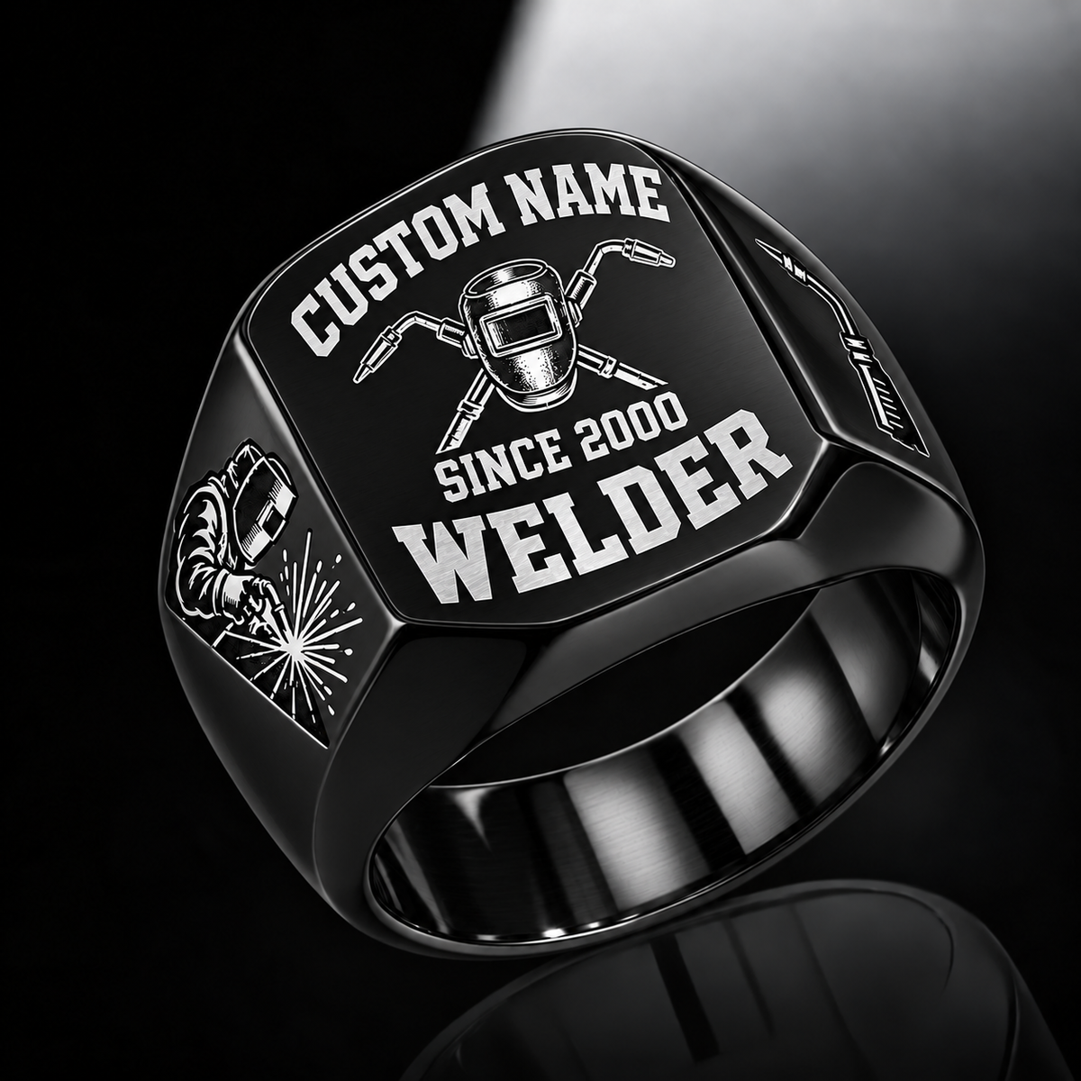 Welder Bold Lettering ring in Black, showing CUSTOM NAME and SINCE 2000