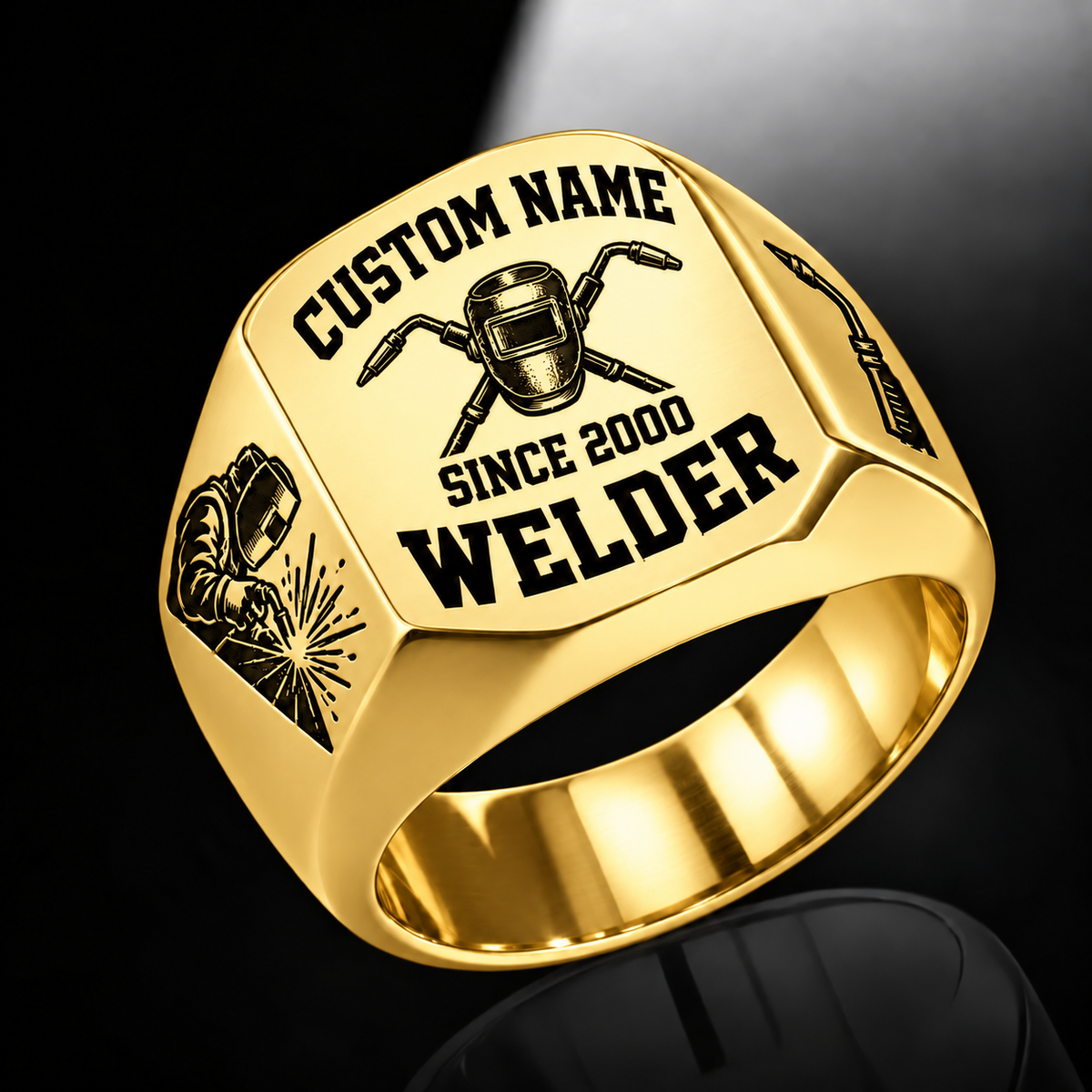 Welder Bold Lettering ring in Gold, showing CUSTOM NAME and SINCE 2000