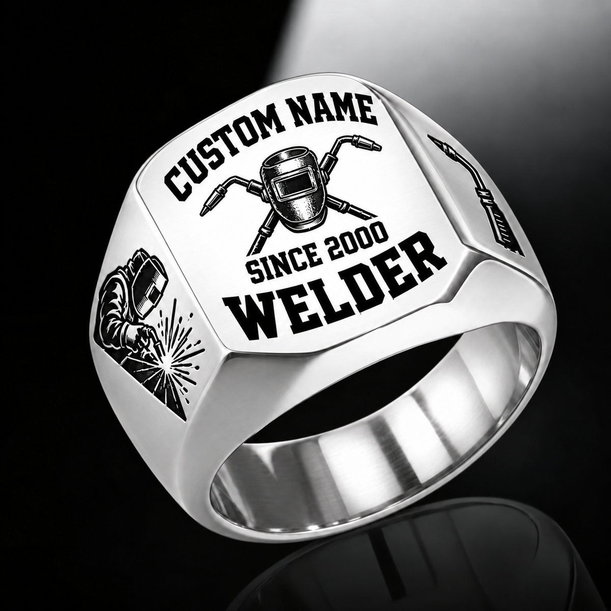 Welder Bold Lettering ring in Silver, showing CUSTOM NAME and SINCE 2000