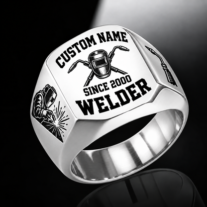 Welder Bold Lettering ring in Silver, showing CUSTOM NAME and SINCE 2000