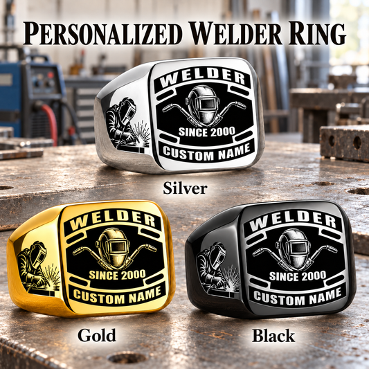 Welder Black Face Badge personalized ring advertisement showing Silver, Gold and Black rings with CUSTOM NAME and SINCE 2000 on a welder-themed background