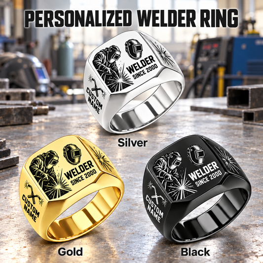 Welder Split Emblem personalized ring advertisement showing Silver, Gold and Black rings with CUSTOM NAME and SINCE 2000 on a welder-themed background