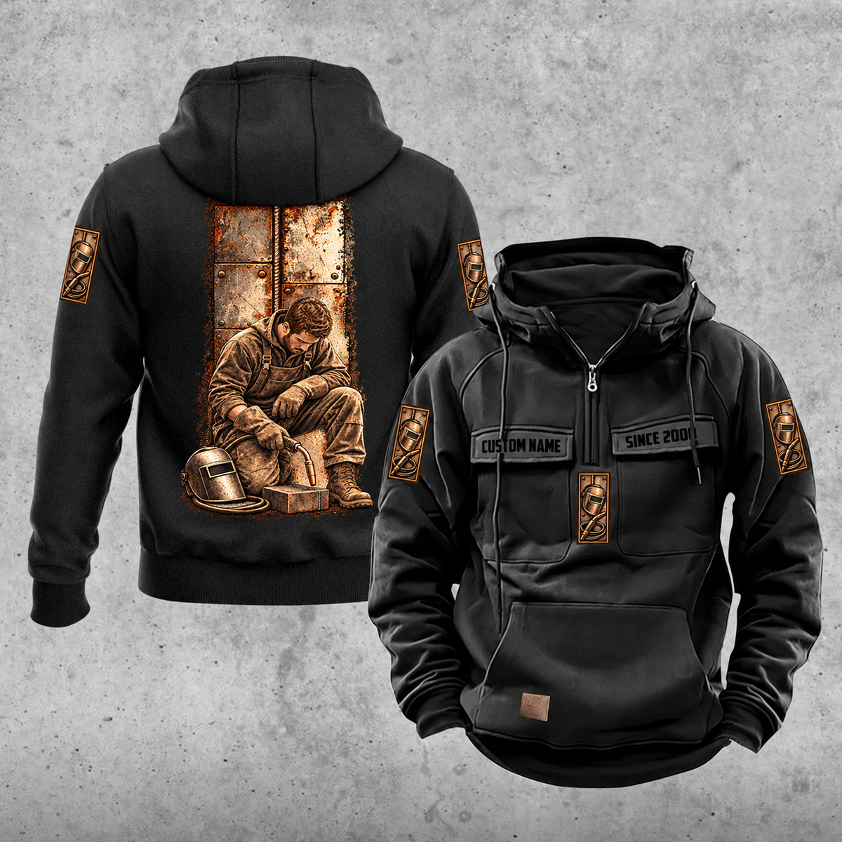 Welder Daily Commitment Portrait Vintage Hoodie in Black, front and back views with sample text CUSTOM NAME and SINCE 2000, tall steel-panel kneeling welder artwork, small sleeve motifs and plain lower pouch.