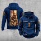 Welder Daily Commitment Portrait Vintage Hoodie in Dark Blue, front and back views with sample text CUSTOM NAME and SINCE 2000, tall steel-panel kneeling welder artwork, small sleeve motifs and plain lower pouch.