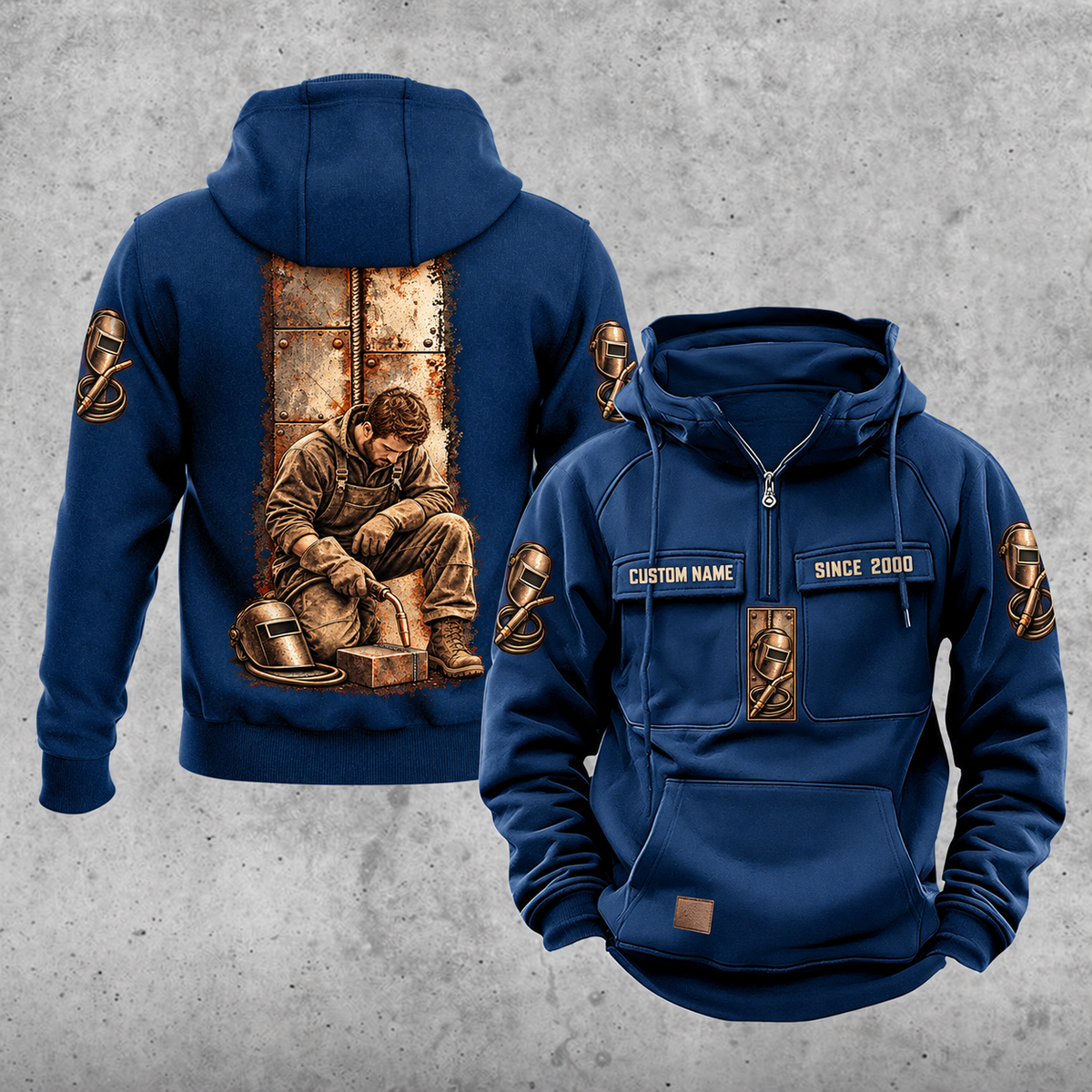 Welder Daily Commitment Portrait Vintage Hoodie in Dark Blue, front and back views with sample text CUSTOM NAME and SINCE 2000, tall steel-panel kneeling welder artwork, small sleeve motifs and plain lower pouch.