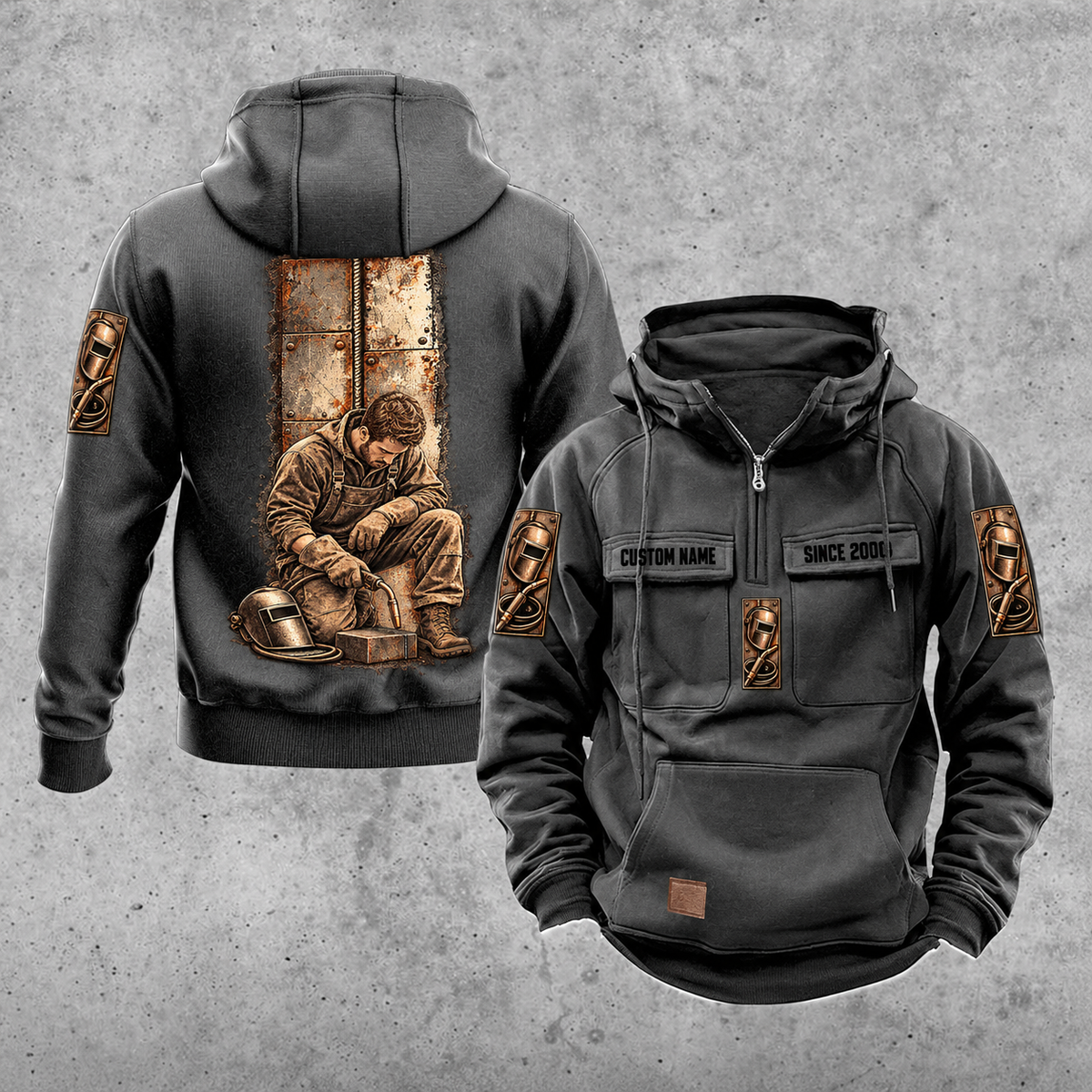 Welder Daily Commitment Portrait Vintage Hoodie in Dark Gray, front and back views with sample text CUSTOM NAME and SINCE 2000, tall steel-panel kneeling welder artwork, small sleeve motifs and plain lower pouch.