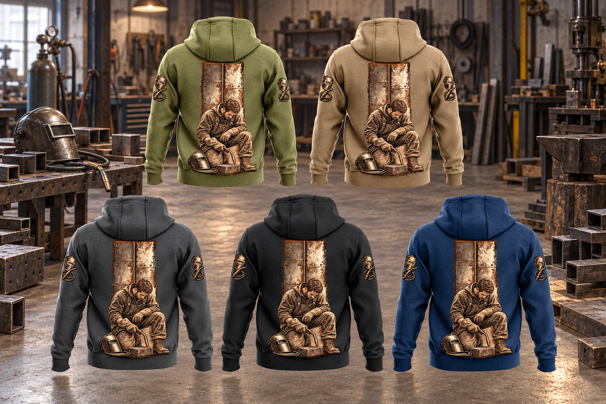 Welder Daily Commitment Portrait Vintage Hoodie in Military Green, Kaki, Dark Gray, Black and Dark Blue, five complete separated back views with tall steel-panel kneeling welder artwork in a quiet metalworking workshop.