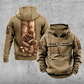 Welder Daily Commitment Portrait Vintage Hoodie in Kaki, front and back views with sample text CUSTOM NAME and SINCE 2000, tall steel-panel kneeling welder artwork, small sleeve motifs and plain lower pouch.