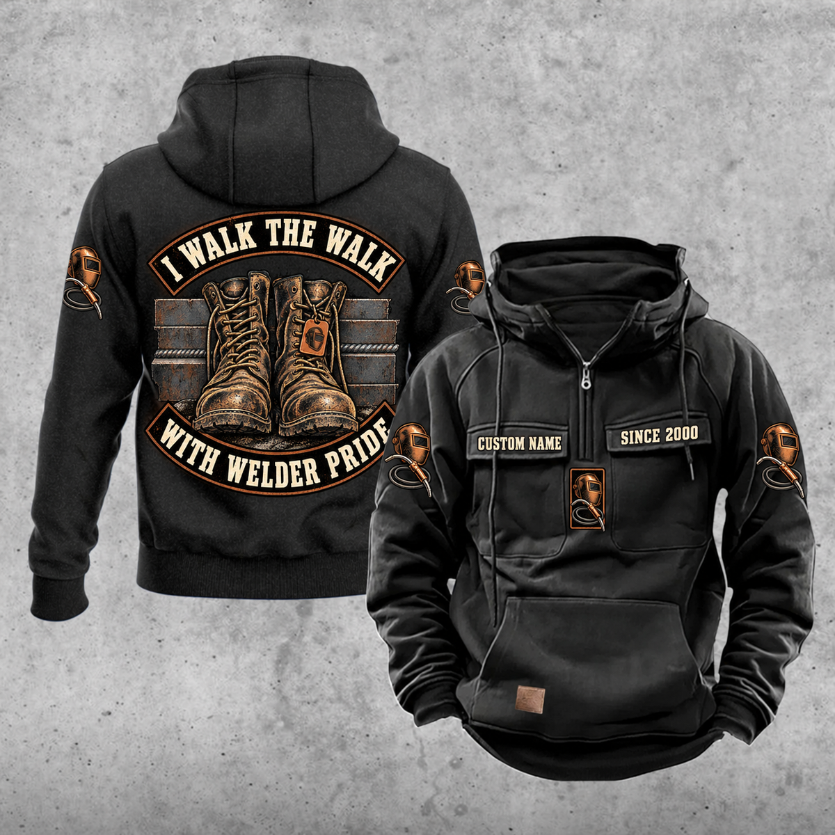 Welder Walk the Walk Badge Vintage Hoodie in Black, front and back views with sample text CUSTOM NAME and SINCE 2000.