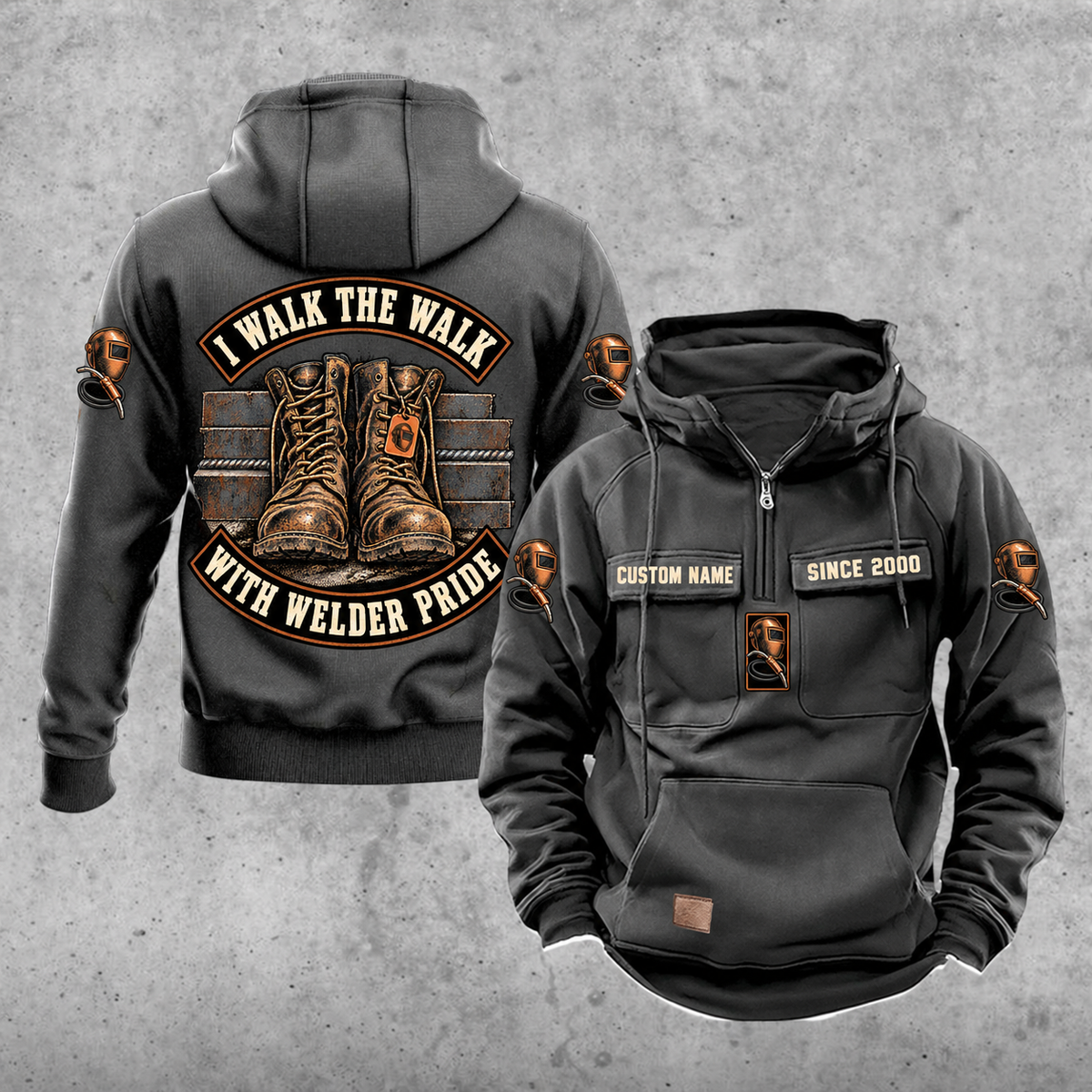 Welder Walk the Walk Badge Vintage Hoodie in Dark Gray, front and back views with sample text CUSTOM NAME and SINCE 2000.
