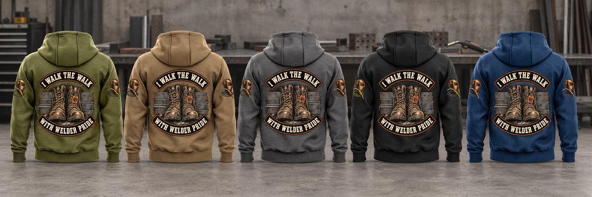 Five complete back views of the Welder Walk the Walk Badge Vintage Hoodie in Military Green, Kaki, Dark Gray, Black and Dark Blue, arranged at a quiet metalworking bench.