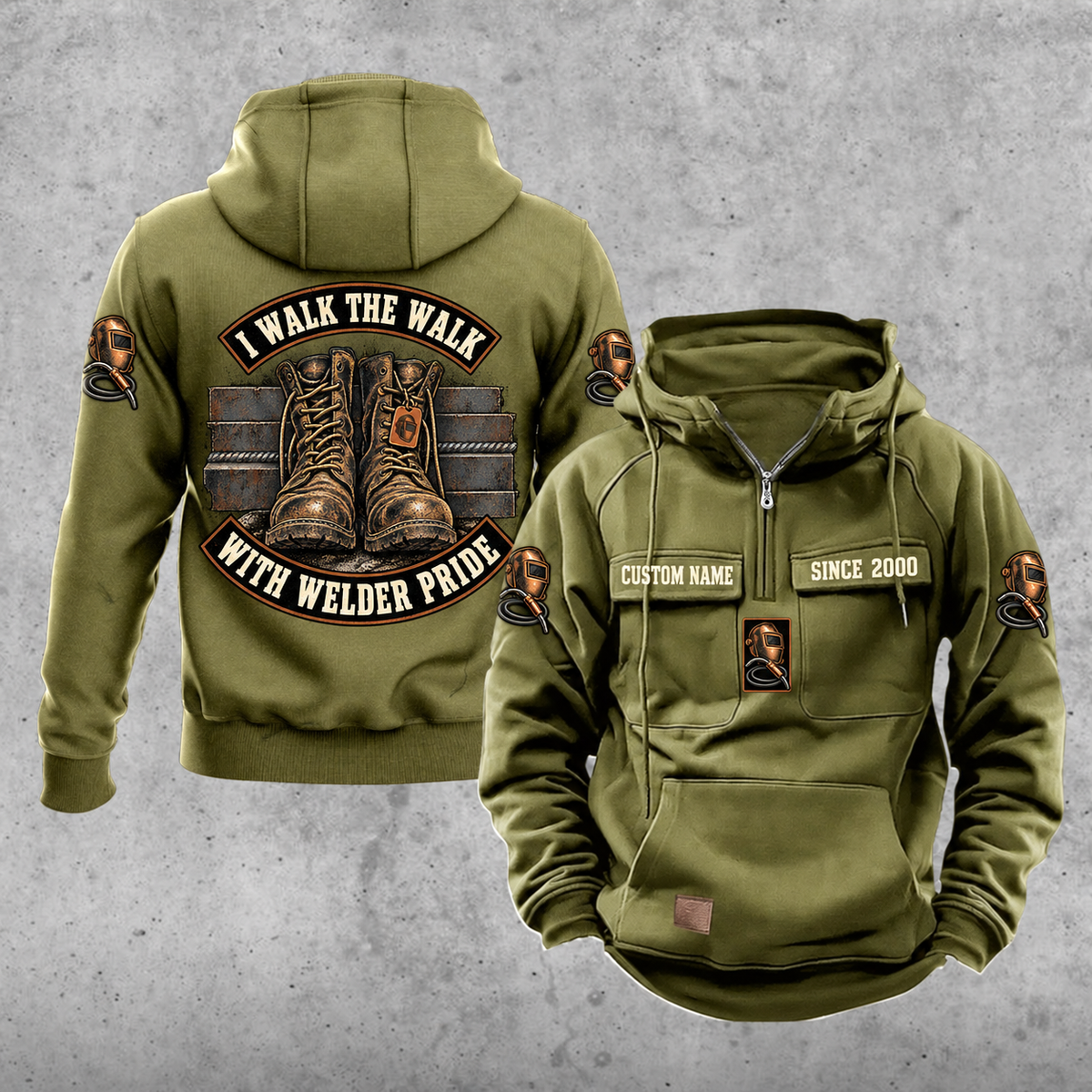 Welder Walk the Walk Badge Vintage Hoodie in Military Green, front and back views with sample text CUSTOM NAME and SINCE 2000.