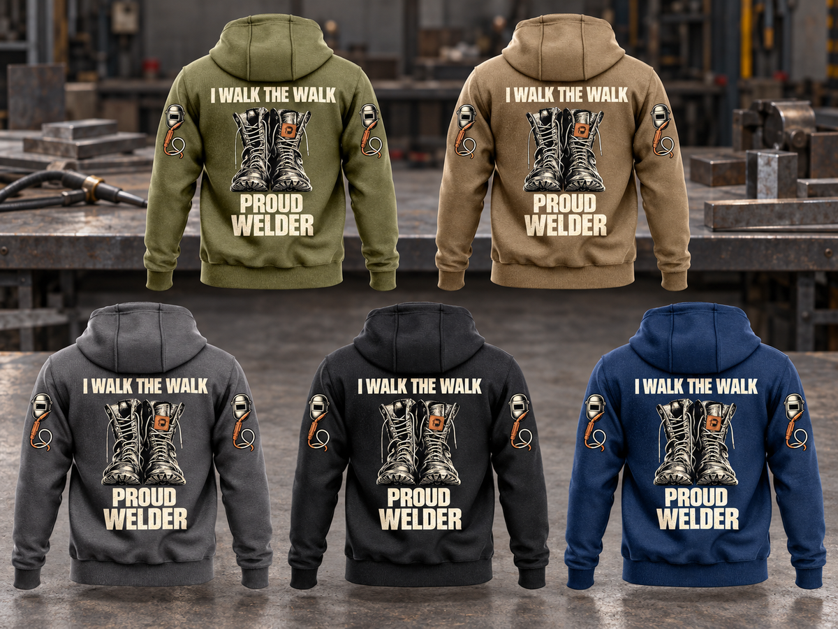 Welder Proud Walk Vintage Hoodie in Military Green, Kaki, Dark Gray, Black and Dark Blue, five fully separated back views with I WALK THE WALK, PROUD and WELDER artwork in a quiet metalworking workshop.
