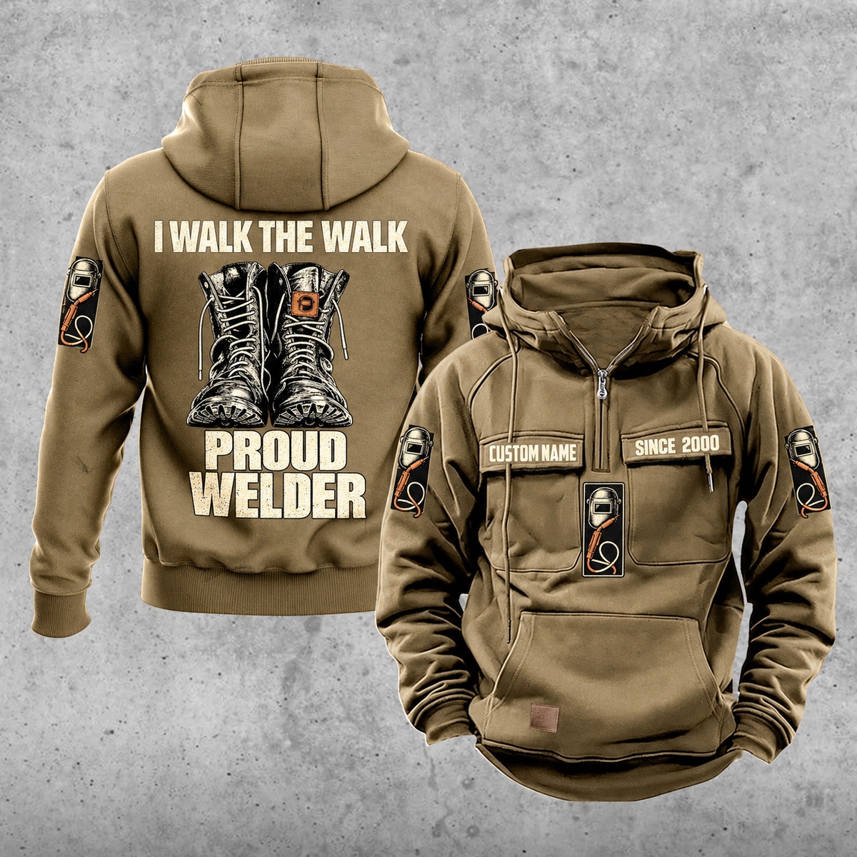 Welder Proud Walk Vintage Hoodie in Kaki, front and back views with sample text CUSTOM NAME and SINCE 2000, work-boot back illustration, and welding helmet and torch motifs.