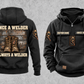 Welder Once and Always Vintage Hoodie in Black, separate front and back views with sample chest text CUSTOM NAME and SINCE 2000, welding helmet motifs, and boots against stacked steel artwork.