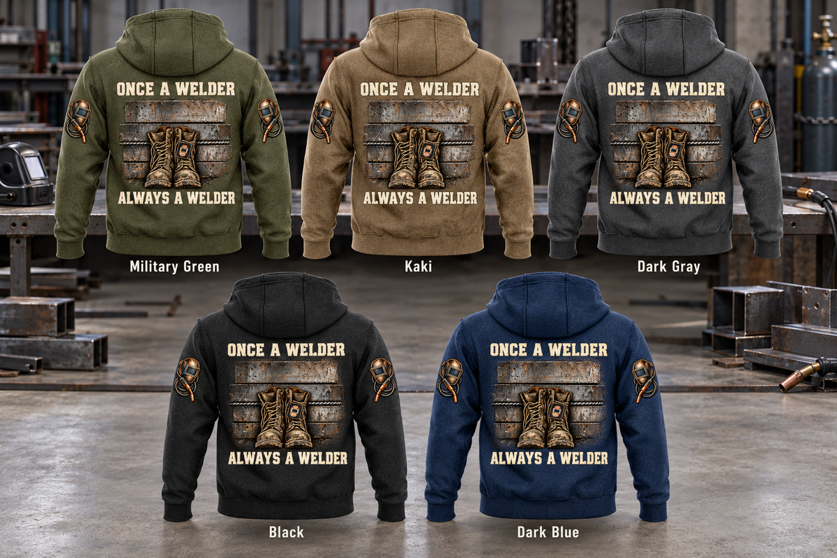 Five complete back views of the Welder Once and Always Vintage Hoodie in Military Green, Kaki, Dark Gray, Black and Dark Blue, with boots and steel-plate artwork, arranged in a quiet metalworking workshop.