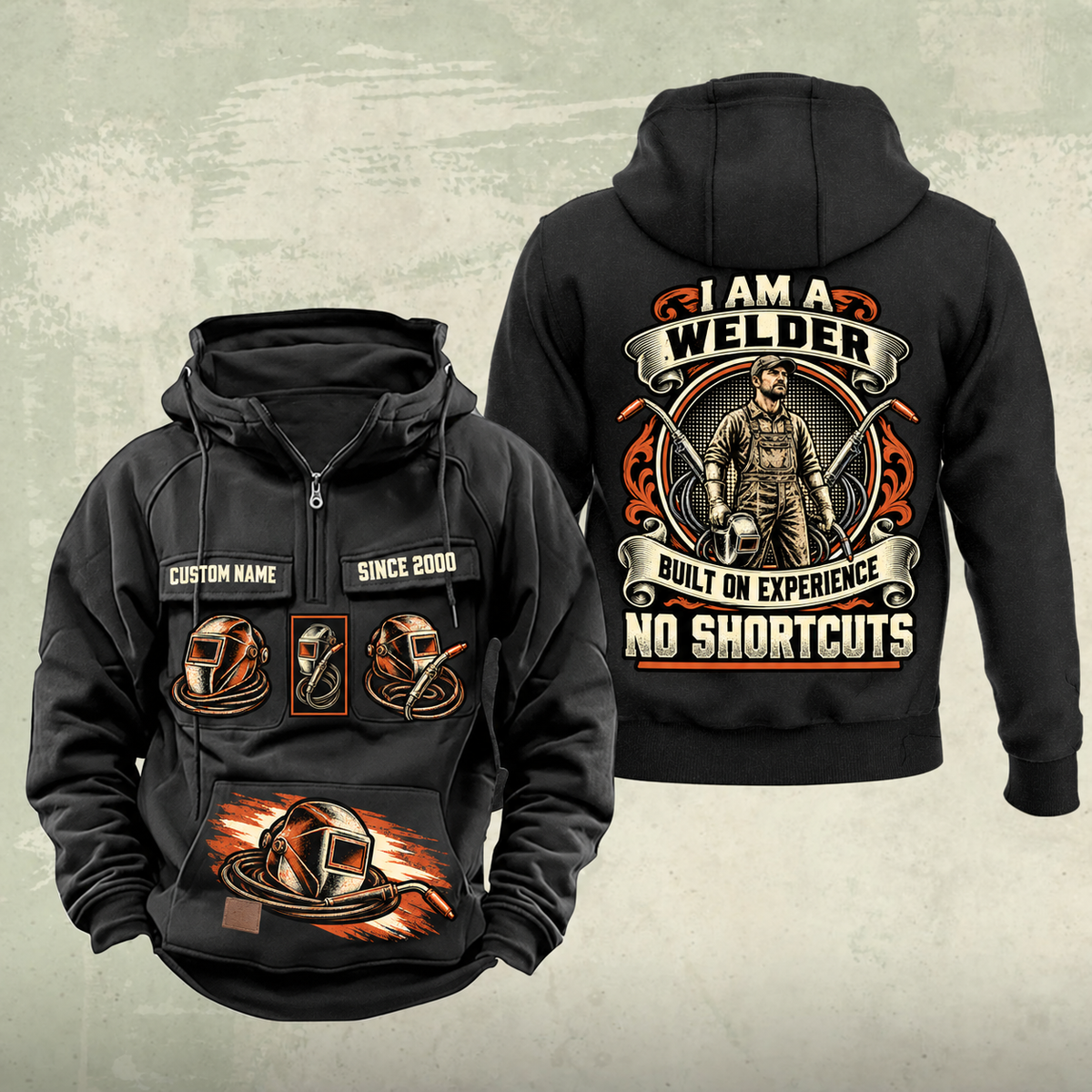 Welder Heritage Crest Vintage Hoodie in Black, front and back views with sample text CUSTOM NAME and SINCE 2000.