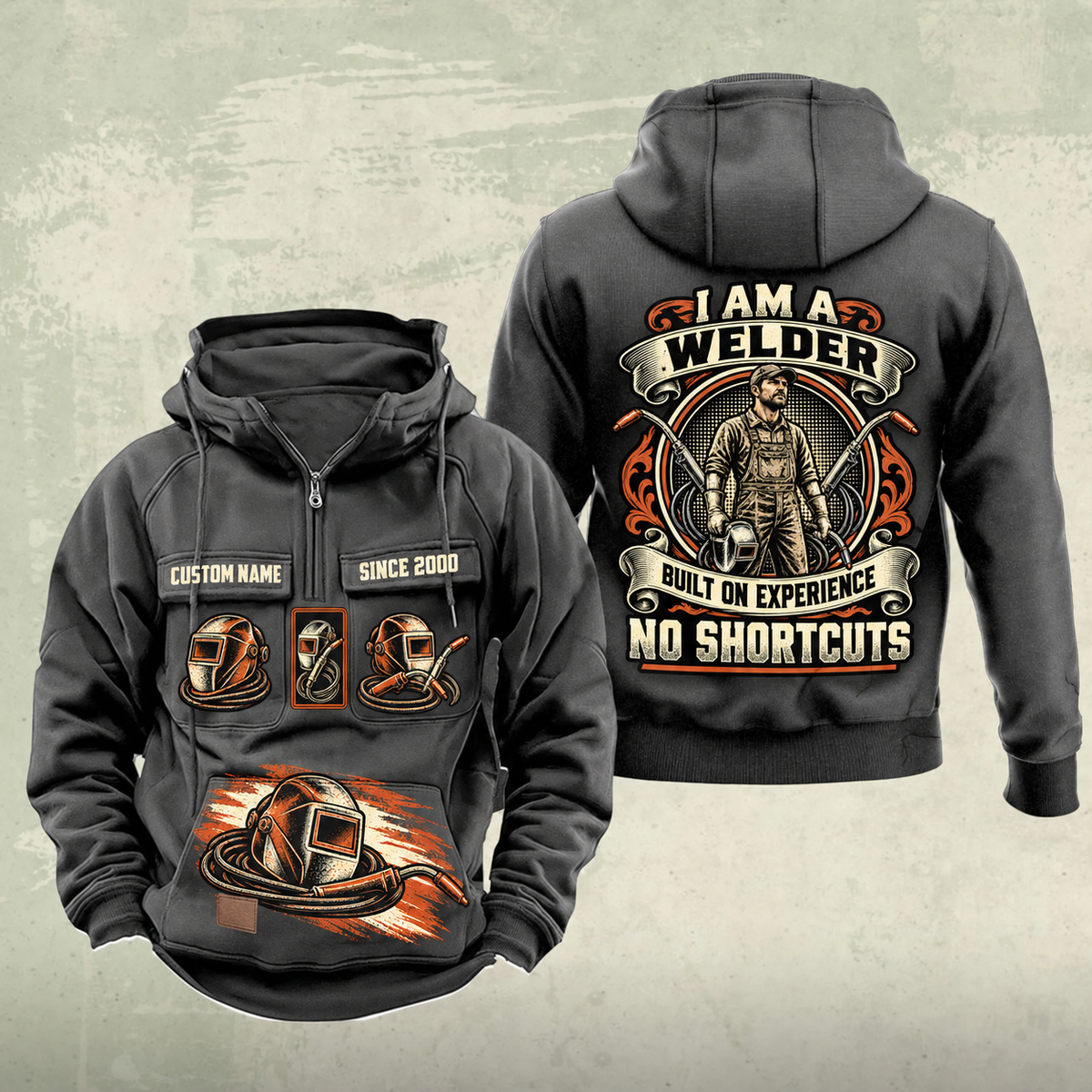 Welder Heritage Crest Vintage Hoodie in Dark Gray, front and back views with sample text CUSTOM NAME and SINCE 2000.