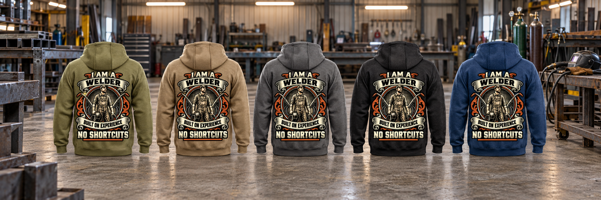 Five complete back views of the Welder Heritage Crest Vintage Hoodie in Military Green, Kaki, Dark Gray, Black and Dark Blue, arranged separately in a quiet metalworking workshop.