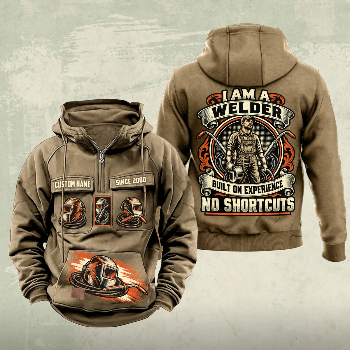 Welder Heritage Crest Vintage Hoodie in Kaki, front and back views with sample text CUSTOM NAME and SINCE 2000.
