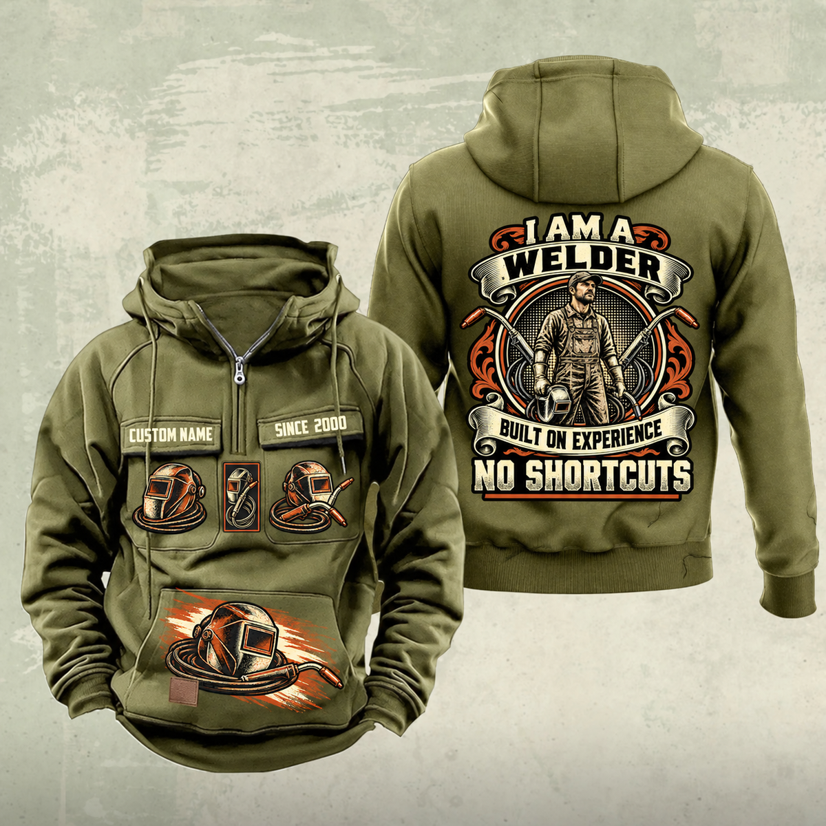 Welder Heritage Crest Vintage Hoodie in Military Green, front and back views with sample text CUSTOM NAME and SINCE 2000.