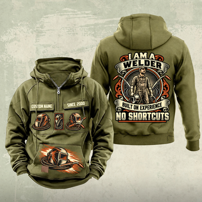 Welder Heritage Crest Vintage Hoodie in Military Green, front and back views with sample text CUSTOM NAME and SINCE 2000.