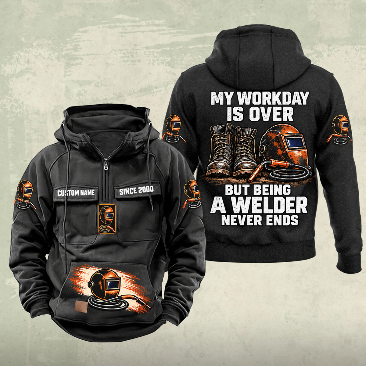 Welder Never Ends Vintage Hoodie in Black, front and back views with sample text CUSTOM NAME and SINCE 2000.