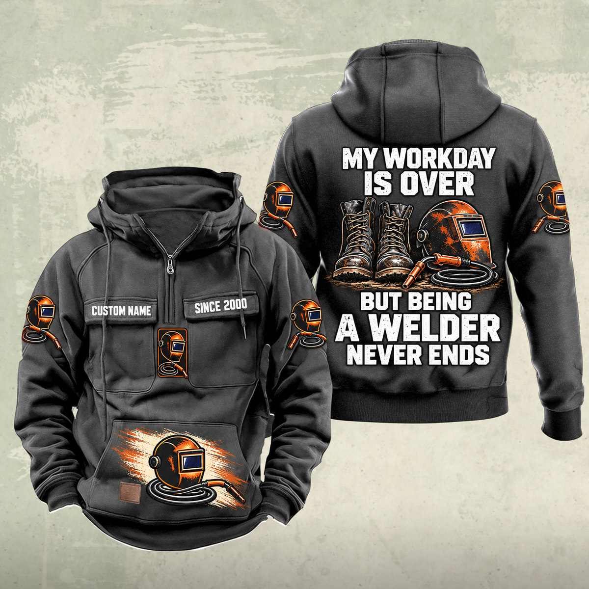Welder Never Ends Vintage Hoodie in Dark Gray, front and back views with sample text CUSTOM NAME and SINCE 2000.