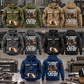 Welder Never Ends Vintage Hoodie in Military Green, Kaki, Dark Gray, Black and Dark Blue, front and back pairs in a metalworking workshop.