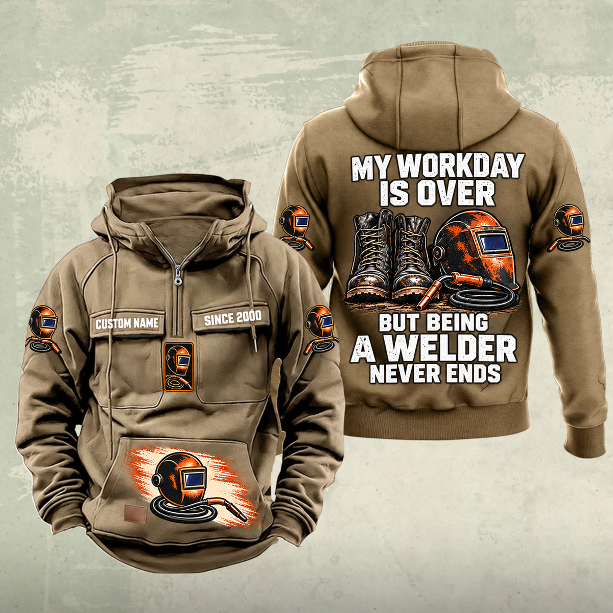 Welder Never Ends Vintage Hoodie in Kaki, front and back views with sample text CUSTOM NAME and SINCE 2000.