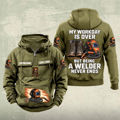 Welder Never Ends Vintage Hoodie in Military Green, front and back views with sample text CUSTOM NAME and SINCE 2000.