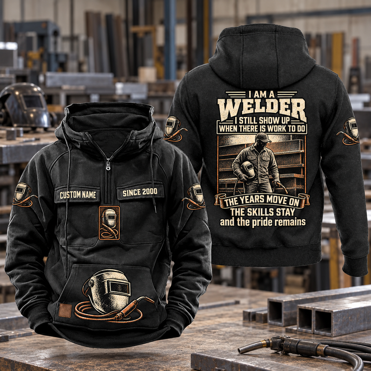 Welder Skills and Pride Vintage Hoodie in Black, front and back views with sample text CUSTOM NAME and SINCE 2000.