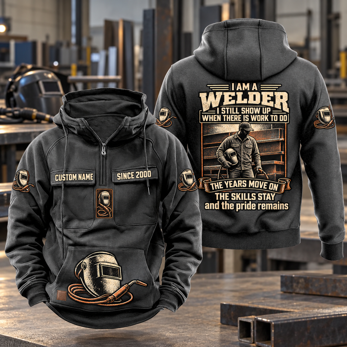 Welder Skills and Pride Vintage Hoodie in Dark Gray, front and back views with sample text CUSTOM NAME and SINCE 2000.