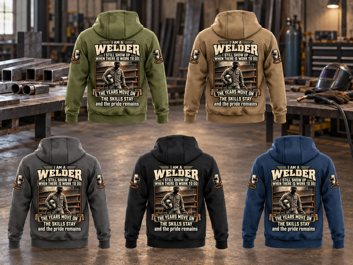 Welder Skills and Pride Vintage Hoodie in Military Green, Kaki, Dark Gray, Black and Dark Blue, five complete separated back views in a quiet metalworking workshop.