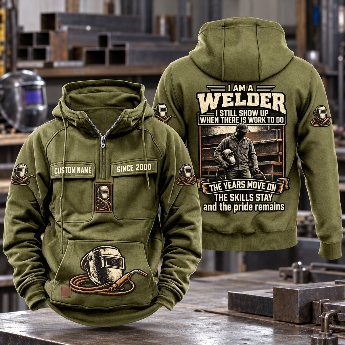 Welder Skills and Pride Vintage Hoodie in Military Green, front and back views with sample text CUSTOM NAME and SINCE 2000.