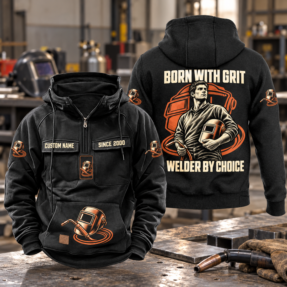 Welder By Choice Vintage Hoodie in Black, front and back views with sample text CUSTOM NAME and SINCE 2000, welding portrait, helmet and unlit torch artwork.