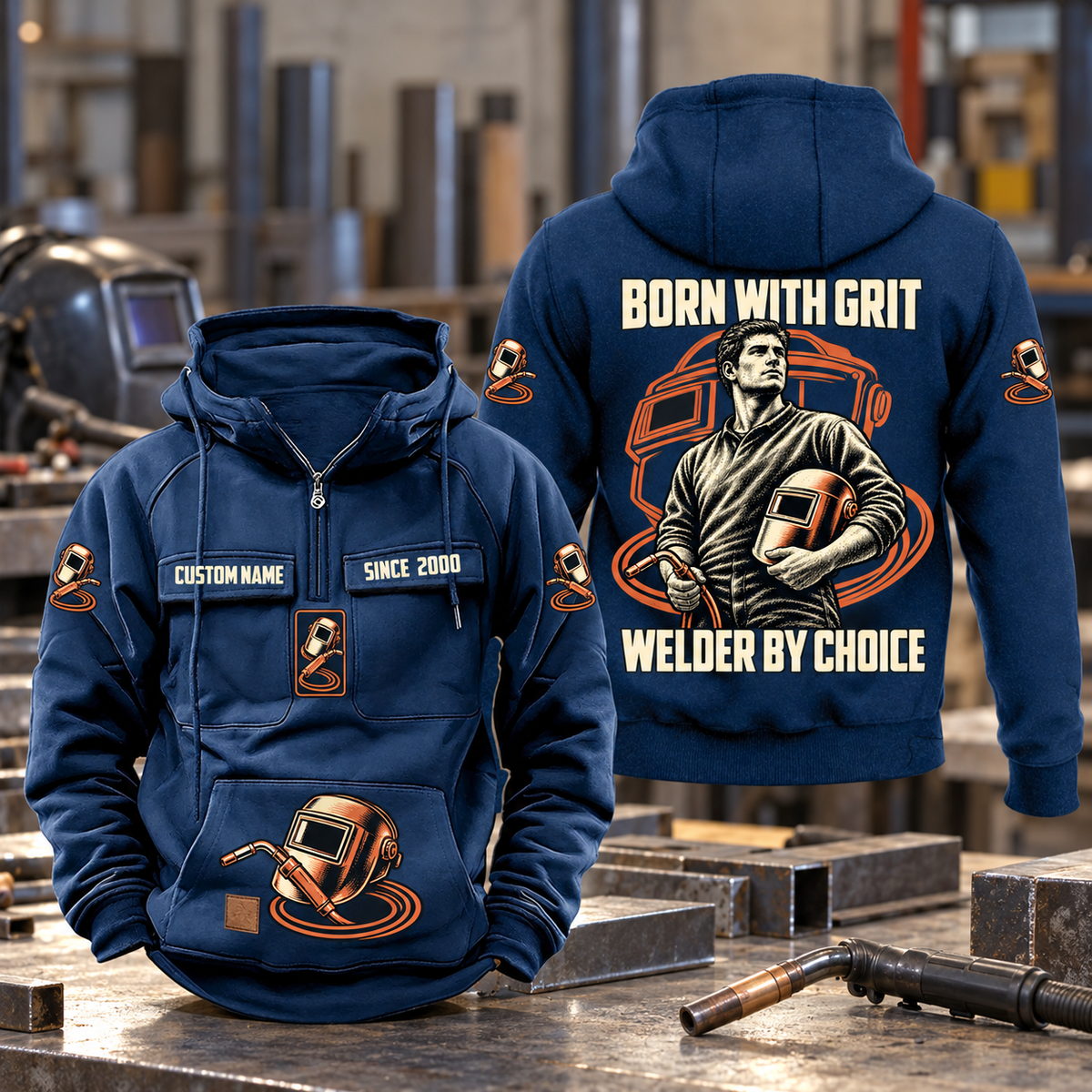 Welder By Choice Vintage Hoodie in Dark Blue, front and back views with sample text CUSTOM NAME and SINCE 2000, welding portrait, helmet and unlit torch artwork.