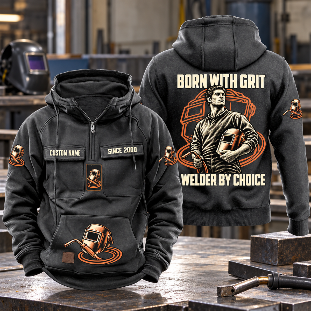 Welder By Choice Vintage Hoodie in Dark Gray, front and back views with sample text CUSTOM NAME and SINCE 2000, welding portrait, helmet and unlit torch artwork.