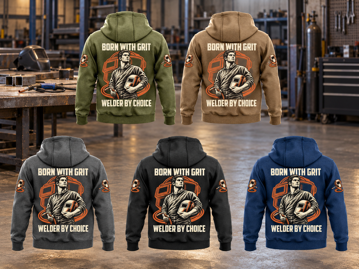 Welder By Choice Vintage Hoodie in Military Green, Kaki, Dark Gray, Black and Dark Blue, five separated back views in a quiet metalworking workshop, with BORN WITH GRIT and WELDER BY CHOICE artwork.