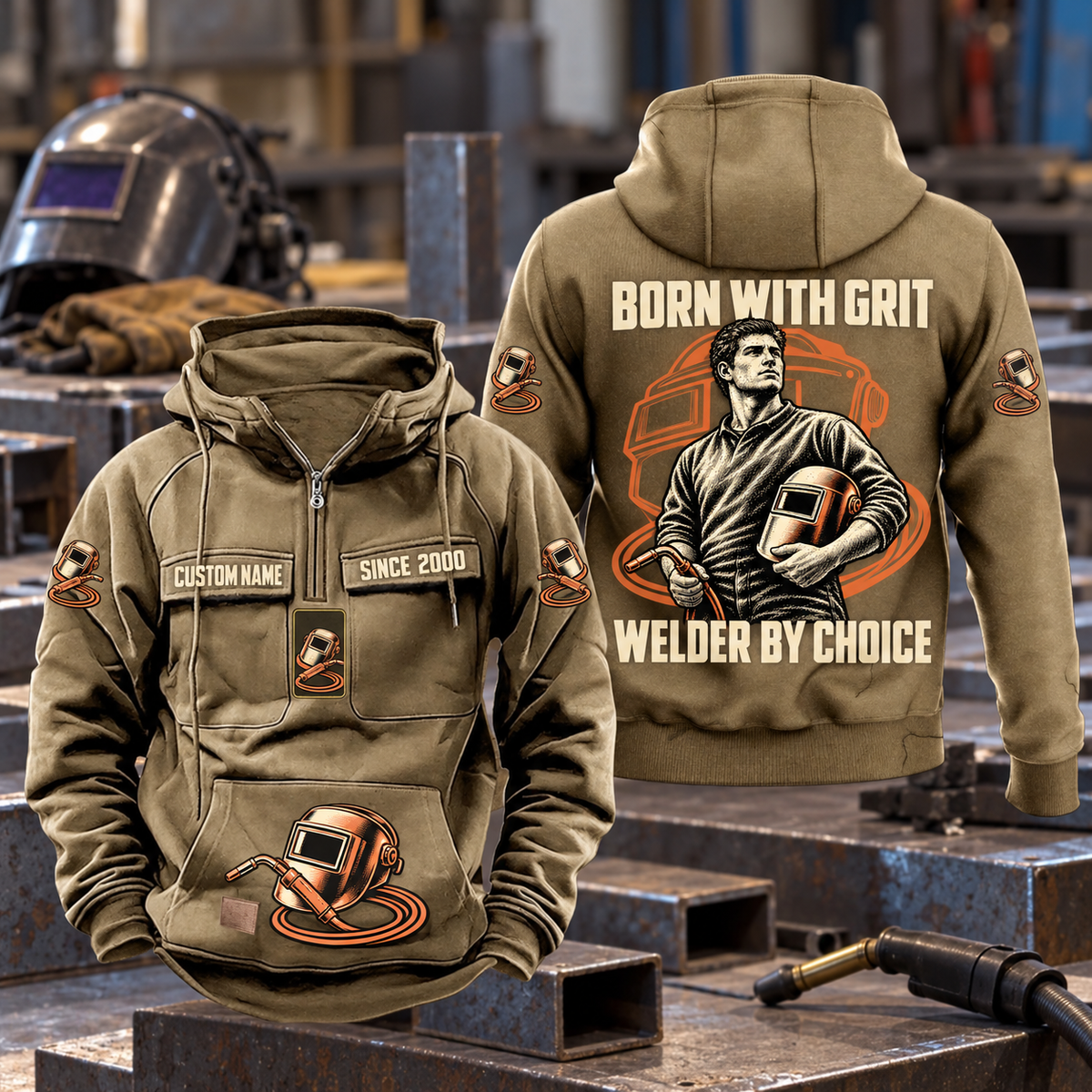 Welder By Choice Vintage Hoodie in Kaki, front and back views with sample text CUSTOM NAME and SINCE 2000, welding portrait, helmet and unlit torch artwork.