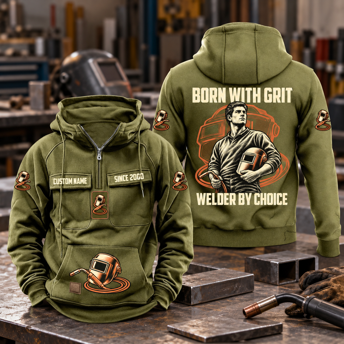 Welder By Choice Vintage Hoodie in Military Green, front and back views with sample text CUSTOM NAME and SINCE 2000, welding portrait, helmet and unlit torch artwork.